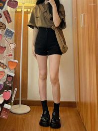 Work Dresses Retro Short-sleeved Tops High-waisted Denim Shorts Female Summer Spicy Black Stretch Thin A Word Package Hip Tide