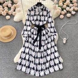 French Light Luxury High quality Polo Collar Long Sleeve Printed Dress Autumn Dress Lace up Waist Show Thin Large Swing Shirt Dress