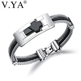 Charm Bracelets V YA 3 Rows Wire Chain Cuff Cross Stainless Steel Men Punk DIY Custom Engrave Man Jewelries Black Silver Colour Ban154C