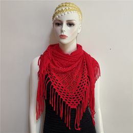 Scarves European Style Autumn Winter Solid Colour Triangular Fringed Woollen Yarn Scarf Hollow Neck Brace Fashion Women's Shawl A81 230923