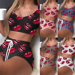 Women's Tracksuits Matching Two Piece Sets Crop Top & Drawstring Biker Shorts Casual Lips Print Sportswear 2023 Summer Leisure Wear