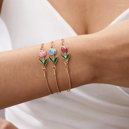 Charm Bracelets Fashion Enamel Tulip Chain Bracelet For Women Girls Colourful Flower Jewellery Friendship Wedding Party Wrist Gift Accessories