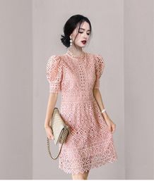 Basic Casual Dresses 2024 A Line New Arrival Lace Hollow Out Summer Dress Women Stand Neck Puff Short Sleeve Mini Dress Dress Female Fashion Clothes