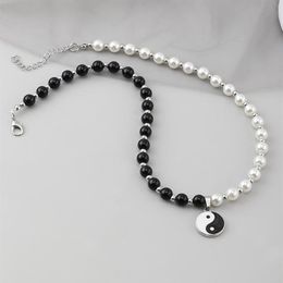Chokers Round Pearl Beads Yin Yang Taichi Pendant Stainless Steel Chain Unisex Necklace Couple Jewellery Women Mens260L