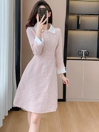 Basic Casual Dresses 2024 A Line New Autumn Winter Women's Long Sleeve Lapel Small Fragrant Tweed Dress French High End Pink A-Line Woollen Dresses