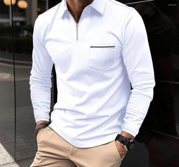 Men's Polos Polo T-shirts For Men Fashion Versatile Casual Solid Colour Zip Pocket Long Sleeved Sports Loose Fitting Shirt Autumn 2023