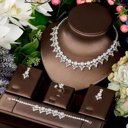 Necklace Earrings Set HIBRIDE Luxury Nigeria 4pcs Bridal Geometric Cubic Zirconia Dubai Crystal Wedding Jewellery For Women Party N-235