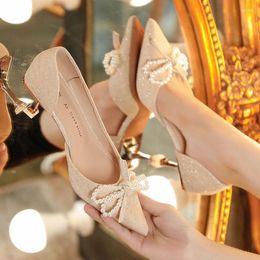 Dress Shoes French Girls High Heels Thin Bow Knot Shallow 2023 Spring Wedding Womens Solid Shining