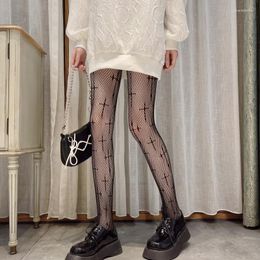 Women Socks Xiaohongshu Internet Celebrity Same Style Ins Pure Desire Cross Jacquard Hollow Net White Stockings Black Opaque Tights