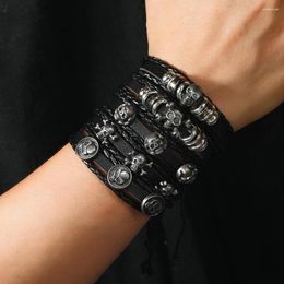 Charm Bracelets 5Pcs/ Set Fashion Viking Braided Wrap Leather Bracelet For Men Hand Woven Skull Jewellery Adjustable