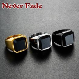 Cluster Rings Dignified Black Carnelian Stainless Steel Golden Square Signet Ring For Men Pinky Male Wealth And Rich Status Jewelr247N