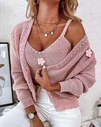 Women's Knits Floral Pattern Pearls Decor Cardigan & Tank Top Set Women Solid Colour Knitwear Open Sleeveless Camis Tanks Tops