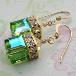 European And American Gold-plated Natural Green Cube Olivine Drop Earrings Jewellery Metal Square Trendy Hoop & Huggie329e