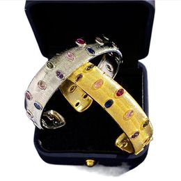 New designed Vintage Court Style women's Bangle Brushed Face cuff bracelet Oval Colored Diamonds Luxury C Shape Gold Plated b245g