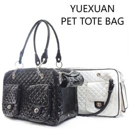 YUEXUAN Designer Fashion Tote Dog Cat Pet Carrier Bag PU Leather Small Medium Dog Handbag Dog Purse Large Cat Tote Bag Pet Cat Dog Hiking Outdoor Tote Bag, Black, White