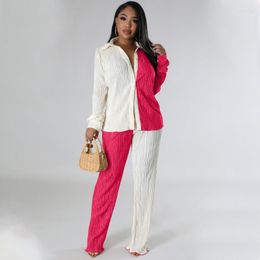 Women's Two Piece Pants Colour Patchwork Pleated 2 Set Women Loose Tracksuits Long Sleeve Single Breasted Shirts Top Wide Leg Autumn Suits