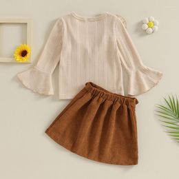Clothing Sets Kids Girl Fall Outfits Solid Color Ribbed Ruffles Crew Neck Flare Long Sleeve Tops And Corduroy Skirts 2Pcs Clothes Set