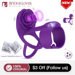 Cockrings BeYoulover Vibrating Penis Ring Delay Ejaculation Cock Female Clitoral Stimulator Rose Shaped Sex Toys Remote for Couples 230923