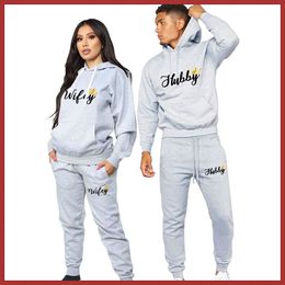 Men's Tracksuits Hubby Wifey Print Couple Set Solid Color Lovers Fleece Suit Casual Couples Hoodies Suits Gift Men Women Tracksuit 230923