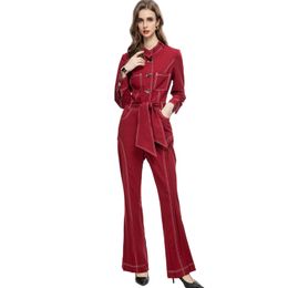 Women's Runway Jumpsuits& Rompers Stand Collar Long Sleeves Lace Up Bow High Street Fashion Designer Pants