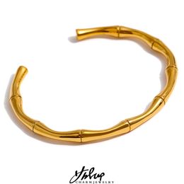 Bangle Yhpup Waterproof Metal Texture Stainless Steel Bamboo Cuff Bangle Bracelet 18K Gold Plated Charm Fashion Jewelry Bijoux Femme 230923