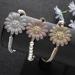 Link Bracelets Luxury Sunflower Flower Pearl Cubic Zirconia CZ Cuff For Women Femme Fashion Jewelry A0168