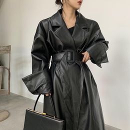 Women's Leather Faux Fur Lautaro Long oversized leather trench coat for women long sleeve lapel loose fit Fall Stylish black clothing streetwear 230923