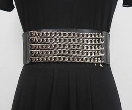 Belts Women's Runway Fashion PU Leather Elastic Chain Cummerbunds Female Dress Corsets Waistband Decoration Wide Belt R453