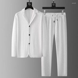 Men's Tracksuits Spring Autumnr Men Blazer Suit Long Sleeve Solid Pleats Jacket Pants Casual Elastic Comfortable Slim Fashion Two-piece Set