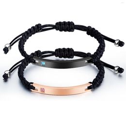 Link Bracelets 5pcs /Stainless Steel Hollow Heart Rectangle Blank Bar String Bracelet Black Braided Rope Woven Hand-knitted