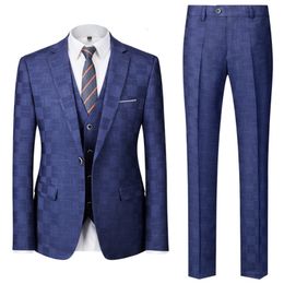 Men's Suits Blazers Lansboter Blue Men Suit 3 Pieces Business Casual Check Slim For Wedding Banquet Office Work Tuxedos Set Jacket Vest Pants 230923