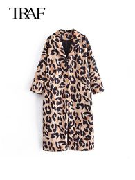 Women's Wool Blends TRAF Women Animal print Overcoat Vintage Casual DoubleBreasted Office Ladies Long Coat Autumn Winter Streetwear Coats 230923