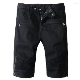 Men's Shorts Summer Jean Motorcycle Biker Denim With Zippers Pleated Straight Slim Men Black Stretch Jeans Trousers