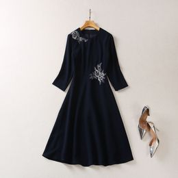 2023 Autumn Navy Blue Solid Color Dress Long Sleeve Round Neck RhinestoneKnee-Length Casual Dresses A3S150831-03