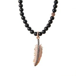 New Fashion Jewelry Whole 5pcs lot 6mm Natural Matte Agate Stone With Micro Pave Full Cz Feather Men's Pendant Necklace272q