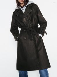 Cappotto in pelle da donna primavera autunno donna streetwear finto giacca lunga trench lady moda vintage doppio petto stringato pu