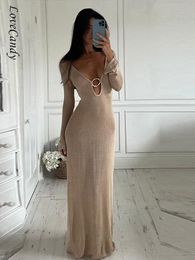 Basic Casual Dresses Sexy Knitted Long Dres Full Sleeve Deep V neck Hollow Out Round Ring Slim 2023 Summer Beach Solid Color Vestidos 230923