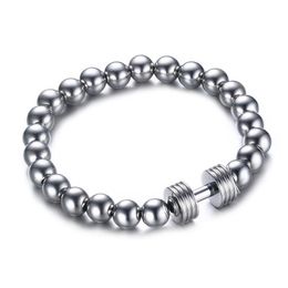 Mens Stainless Steel Silver Dumbbell Charm Bracelet with 8mm Beads Chain Fitness Jewellery Power Gym264y