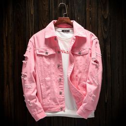 Men's Jackets Men Pink Denim jackets Outerwear Jean Coats New Spring Autumn Holes Jena Slim Size 3XL 230925