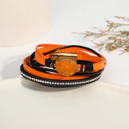 Charm Bracelets ALLYES Vintage Stone Multilayer Wrap Leather Bracelet For Women Halloween Orange Pumpkin Rhinestone Long Jewelry Gift