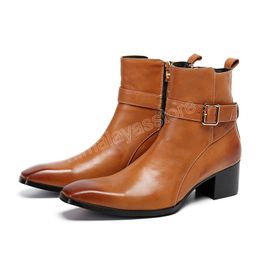 6cm Heels Men Boots Pointed Toe Buckles Zip Brown Genuine Leather Ankle Boots Men Luxury Fashion Botas Hombre