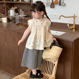Clothing Sets Korean Version Girls Clothes 2023 Summer Shirt Plaid Loose Wide Leg Pants Two-piece Set Cotton Fashion Lovely And Sweet