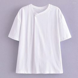 Women's T Shirts Withered Fashion Simple Summer T-shirt Button Decoration Round Neck Pure Cotton White Women Top