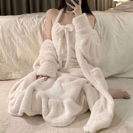 Women's Sleepwear Winter Warm Women Pyjamas Dress Sets Ears Hooded Thick Coral Velvet Long Sleeve Robe Casual Flannel Pyjamas Homewear