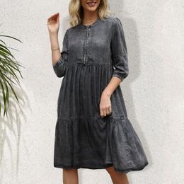 Casual Dresses Stylish Vintage Dress A-Line Versatile Breathable Sweet Ruffle Hem Distressed Denim