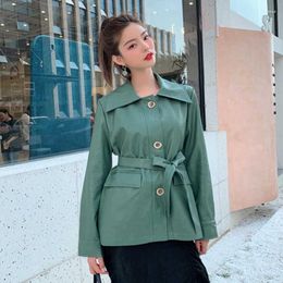 Women's Leather Elegant Autumn Jacket Female Faux Soft Womens PU Green Slim Ladies Basic Street Coat With Belt