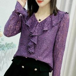 Women's Blouses Sexy Floral Lace Hollow Out Blouse Female Clothing Stylish Ruffles Spliced Spring Autumn Casual Long Sleeve Elegant V-Neck