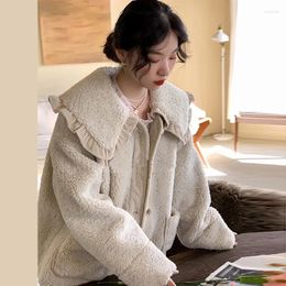 Women's Jackets Loose Coat Tops Autumn Winter Cute Lace Ruffled Collar Doll Plush Long Sleeve Wool Jacket Fashion Tide Women Lamb