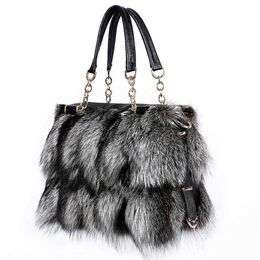 Women Fur Bag Winter Fox Fashion Handbag Ladies Bags Purse Shoulder Real Silver Messenger 220923