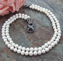 Chains Charming 2row 9-10mm White Pearl Necklace CZ Clasp